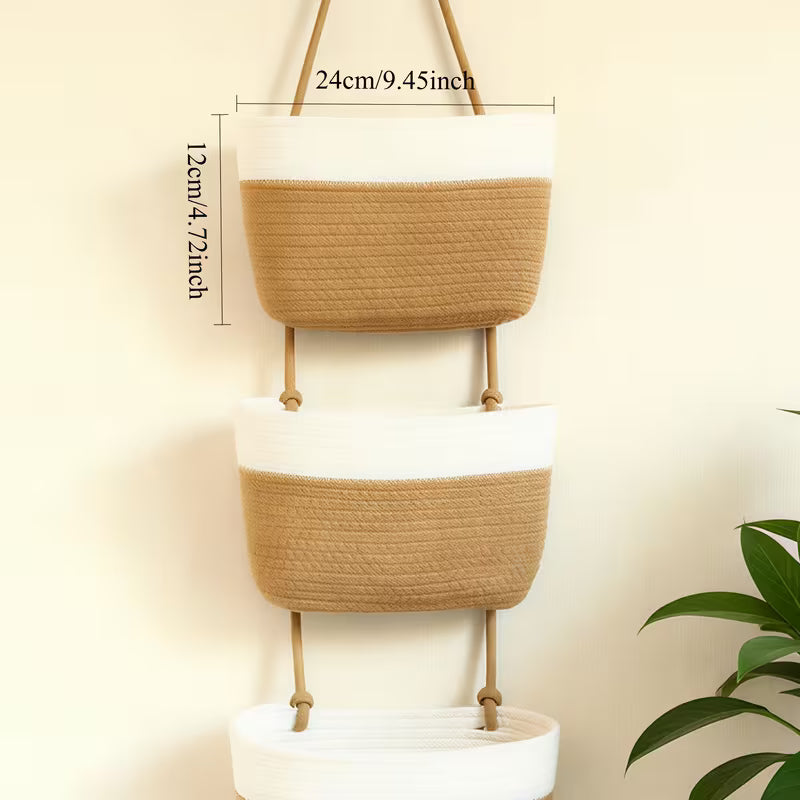 3 tier boho neutral tone hanging basket woven rope wall organizer with space saving vertical storage shelf boho style suitable for bathroom nursery kitchen bedroom multi room hanging bins for towels utensils 5