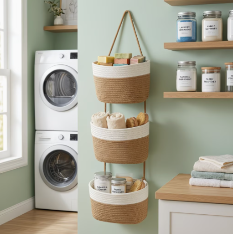 Panier de Rangement Mural 3 Niveaux – Tressé Boho Blanc & Marron