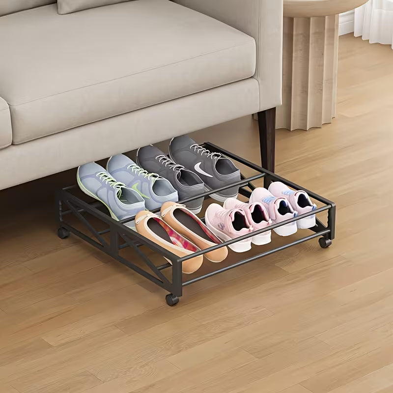 1pc easy under-bed storage rack with wheels, multi-functional shoe organizer, iron under-bed storage box, metal under-shelf sofa shoe rack, space-saving storage 8