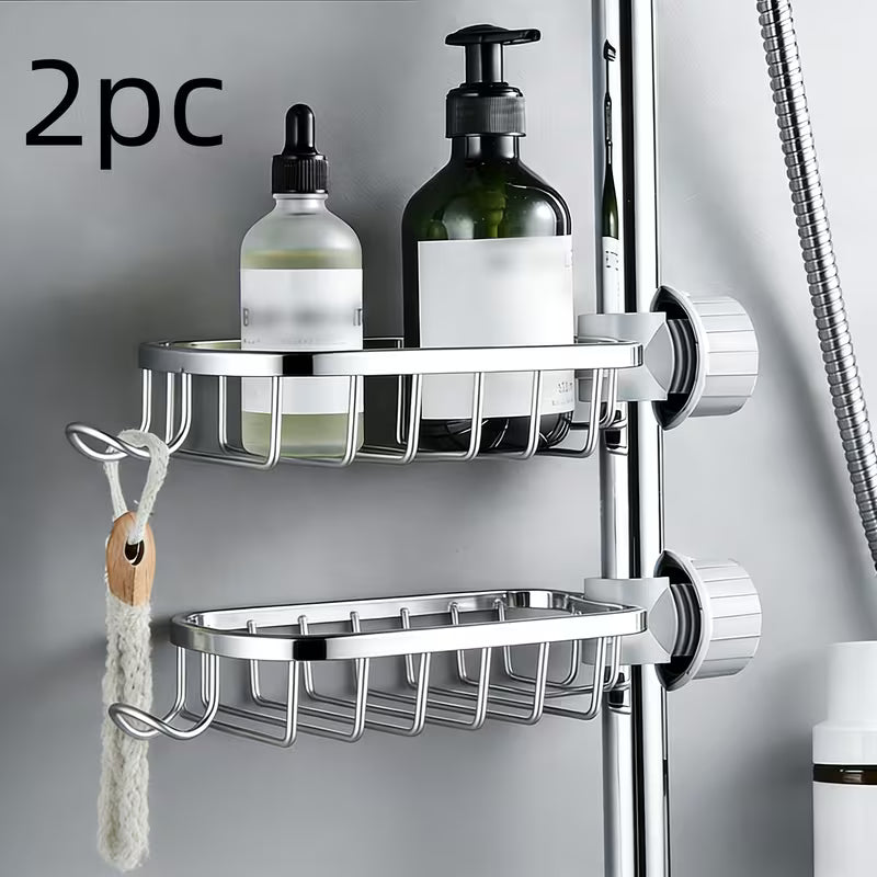 a set of two multifunctional shower storage racks made of designed for bathroom organization come with hanging ropes are lightweight and no electricity making them ideal for saving space in 1
