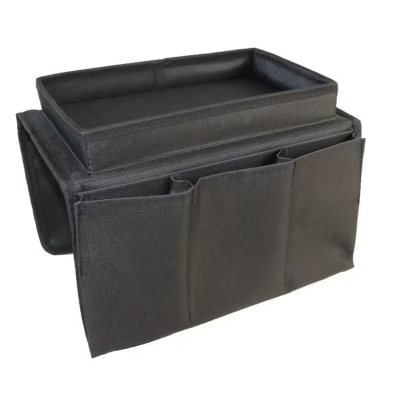 sofa armrest organizer with built in tray multi compartment storage for remote controls magazines snacks drinks durable fabric side pocket for living room couch bedside 4