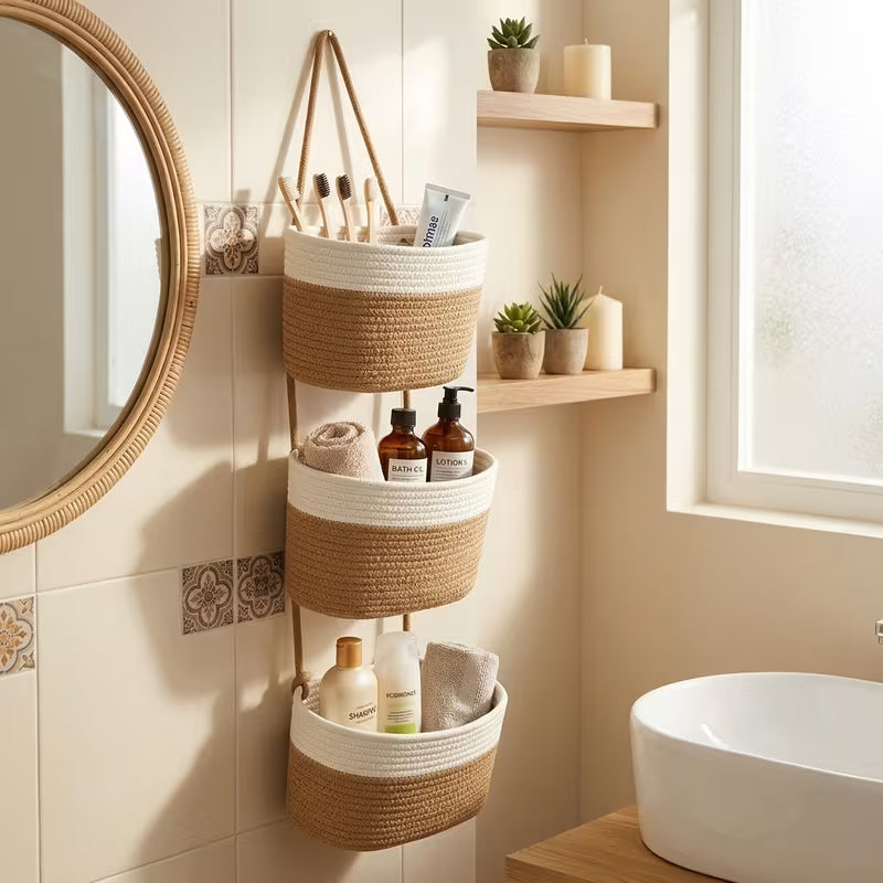3 tier boho neutral tone hanging basket woven rope wall organizer with space saving vertical storage shelf boho style suitable for bathroom nursery kitchen bedroom multi room hanging bins for towels utensils 0