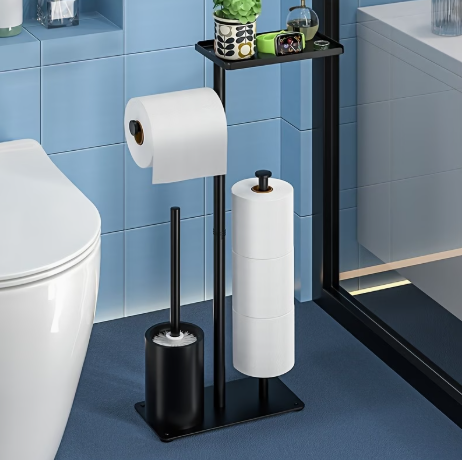 Dérouleur Papier Toilette sur Pied avec Rangement – Noir & Blanc