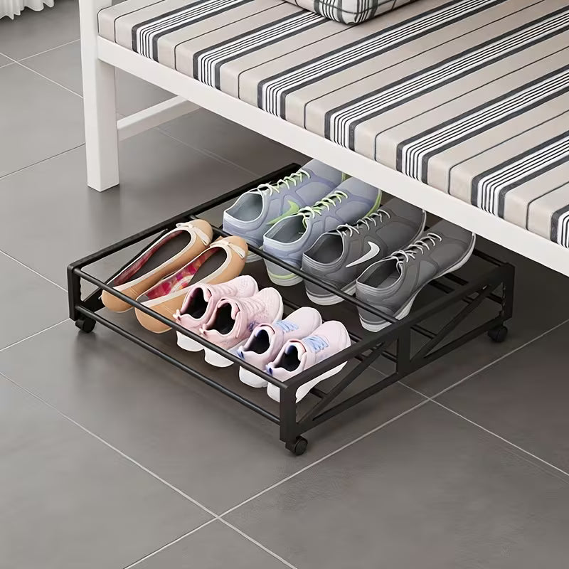 1pc easy under-bed storage rack with wheels, multi-functional shoe organizer, iron under-bed storage box, metal under-shelf sofa shoe rack, space-saving storage 4