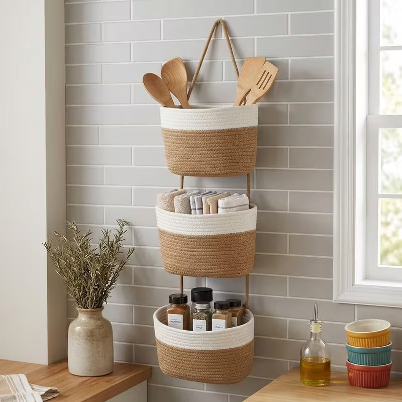 3 tier boho neutral tone hanging basket woven rope wall organizer with space saving vertical storage shelf boho style suitable for bathroom nursery kitchen bedroom multi room hanging bins for towels utensils 3