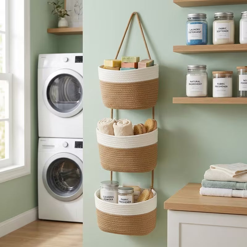 3 tier boho neutral tone hanging basket woven rope wall organizer with space saving vertical storage shelf boho style suitable for bathroom nursery kitchen bedroom multi room hanging bins for towels utensils 2