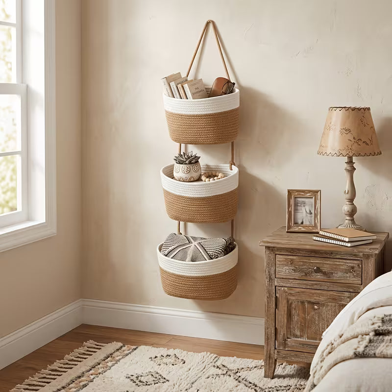 3 tier boho neutral tone hanging basket woven rope wall organizer with space saving vertical storage shelf boho style suitable for bathroom nursery kitchen bedroom multi room hanging bins for towels utensils three tier storage basket 6